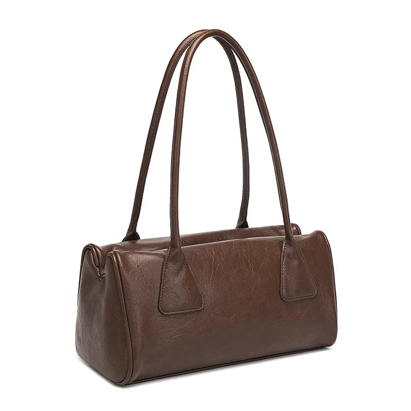 Baguette Shaped Shoulder Bag in Brown Faux Leather