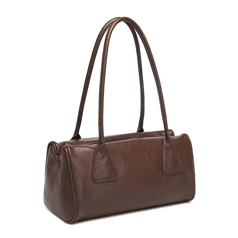 Baguette Shaped Shoulder Bag in Brown Faux Leather