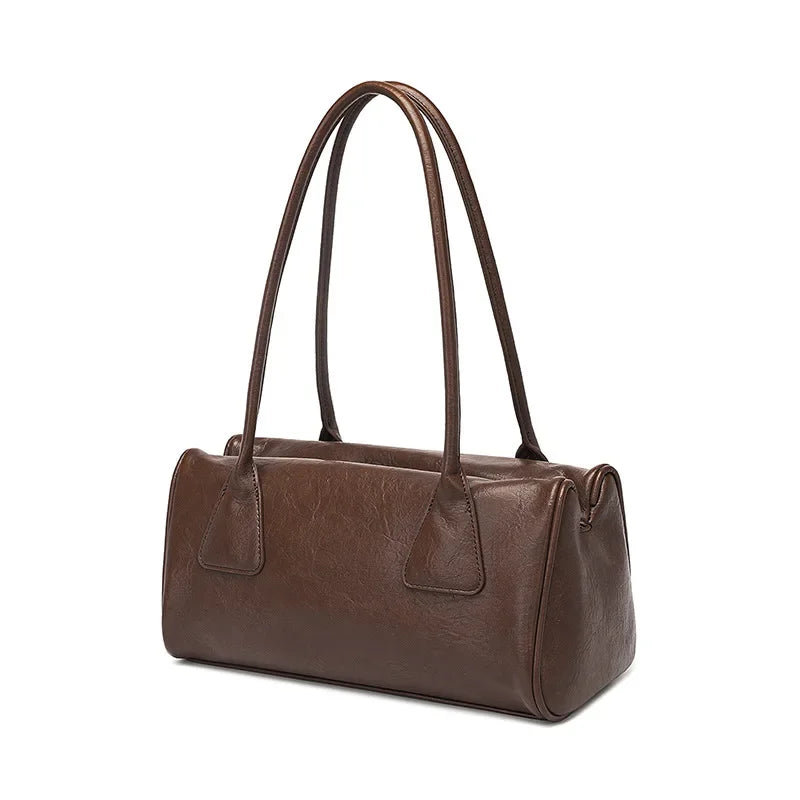 Baguette Shaped Shoulder Bag in Brown Faux Leather