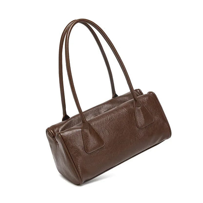 Baguette Shaped Shoulder Bag in Brown Faux Leather