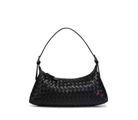Snow Woven Detail Shoulder Bag in Black Faux Leather